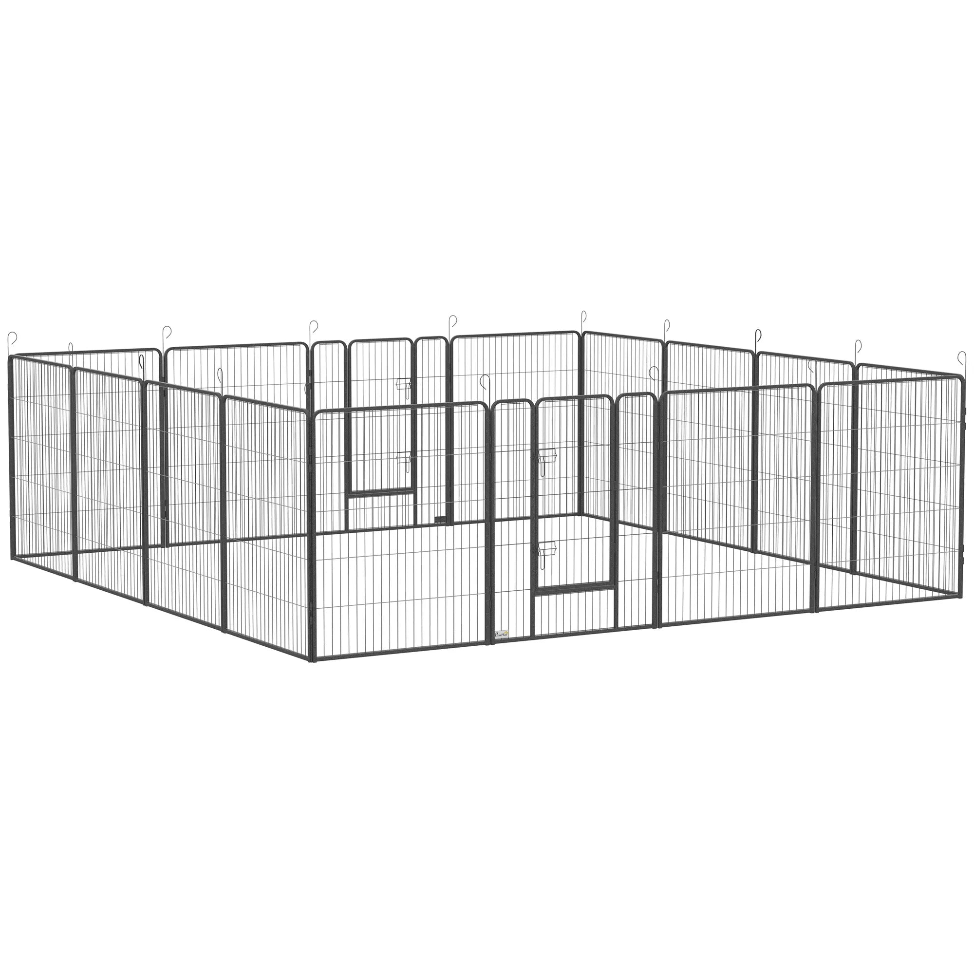 Šuniukų aptvaras, modulinis dizainas, 16 elementų, 2 durys, atsparus oro sąlygoms, plienas, 3,2 x 3,2 x 1 m, pilkas