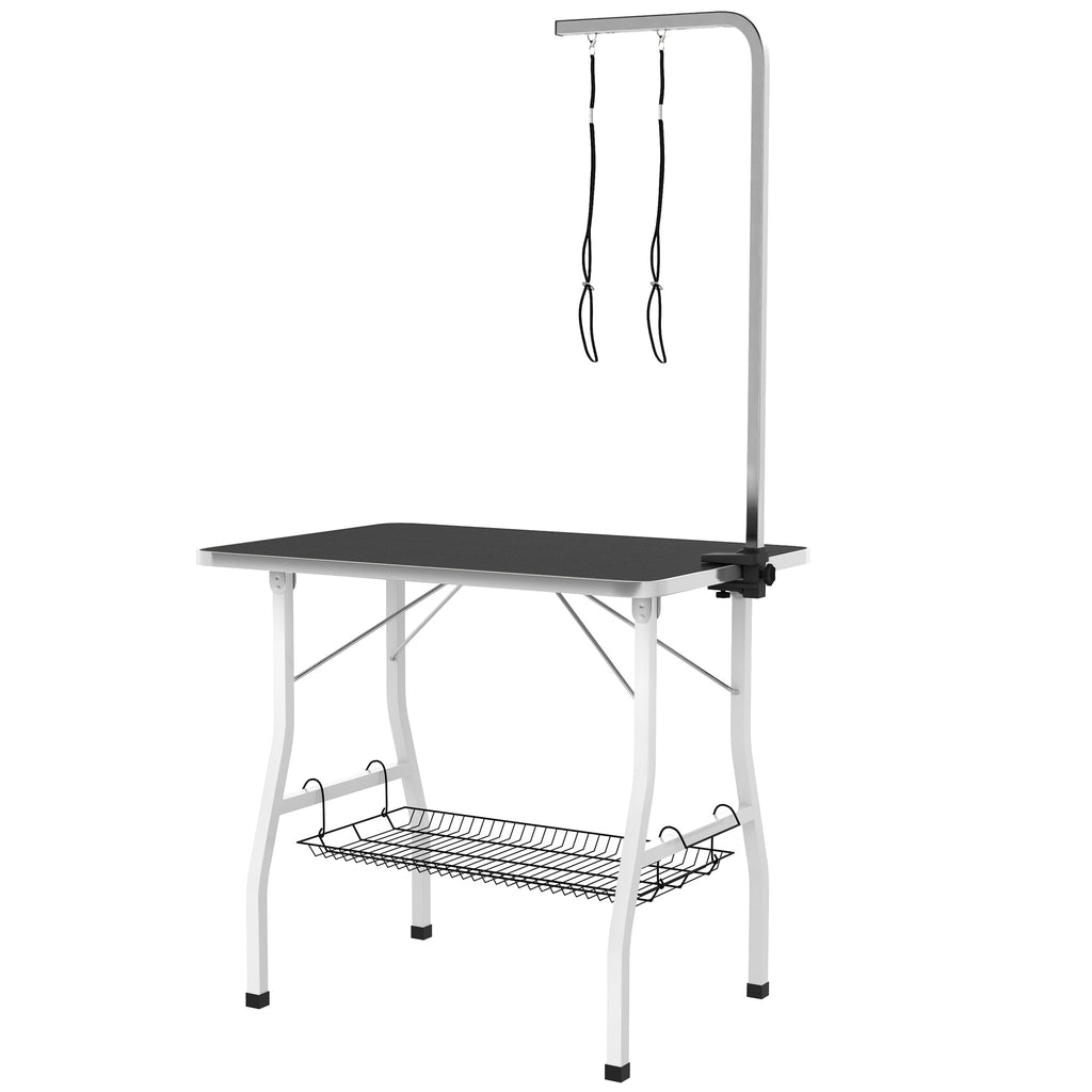 Kirpimo stalas šunims su reguliuojamu laikikliu ir lentyna, 90x60x76 cm, iki 40 kg, juodas