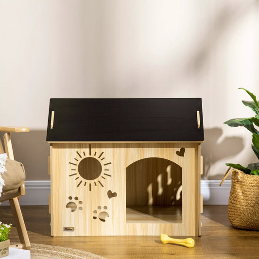 Suņu būda, ar ventilācijas atverēm, laikapstākļiem izturīga, no koka, melna+koka krāsā, 69 x 50 x 58,5 cm