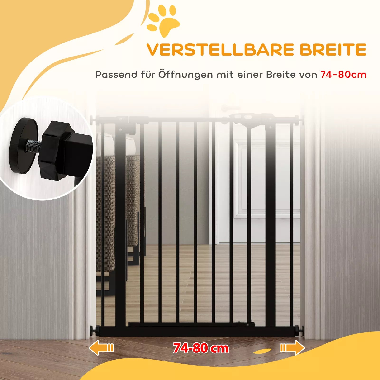 Drošības vārtiņi suņiem, mājdzīvnieku barjera, metāla, plastmasas, 74-80 cm, melni