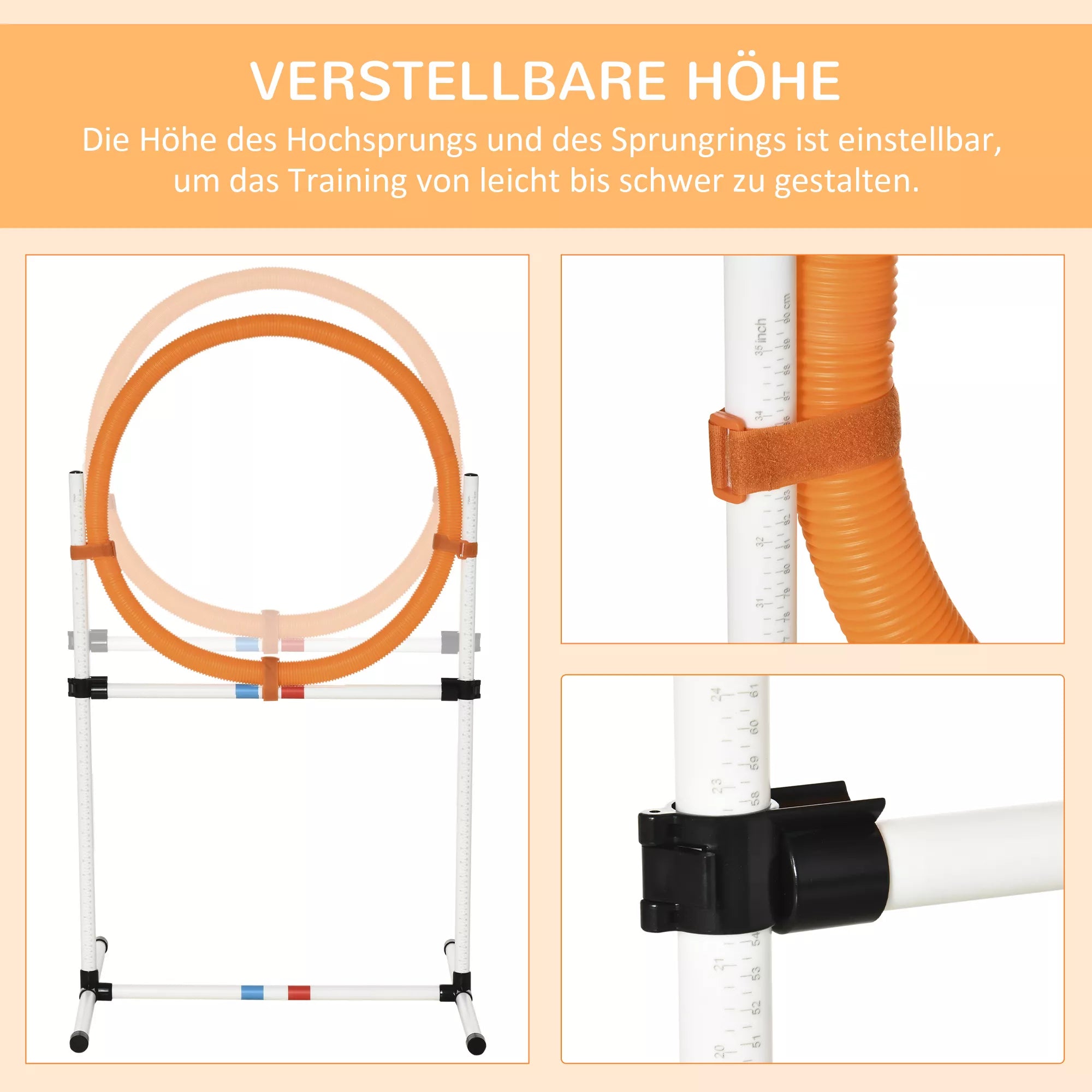 Šunų treniruočių rinkinys Šokinėjimo lankas augintinių agility treniruotėms, nešiojamas PE, balta + oranžinė, 74,5 x 66 x 91 cm