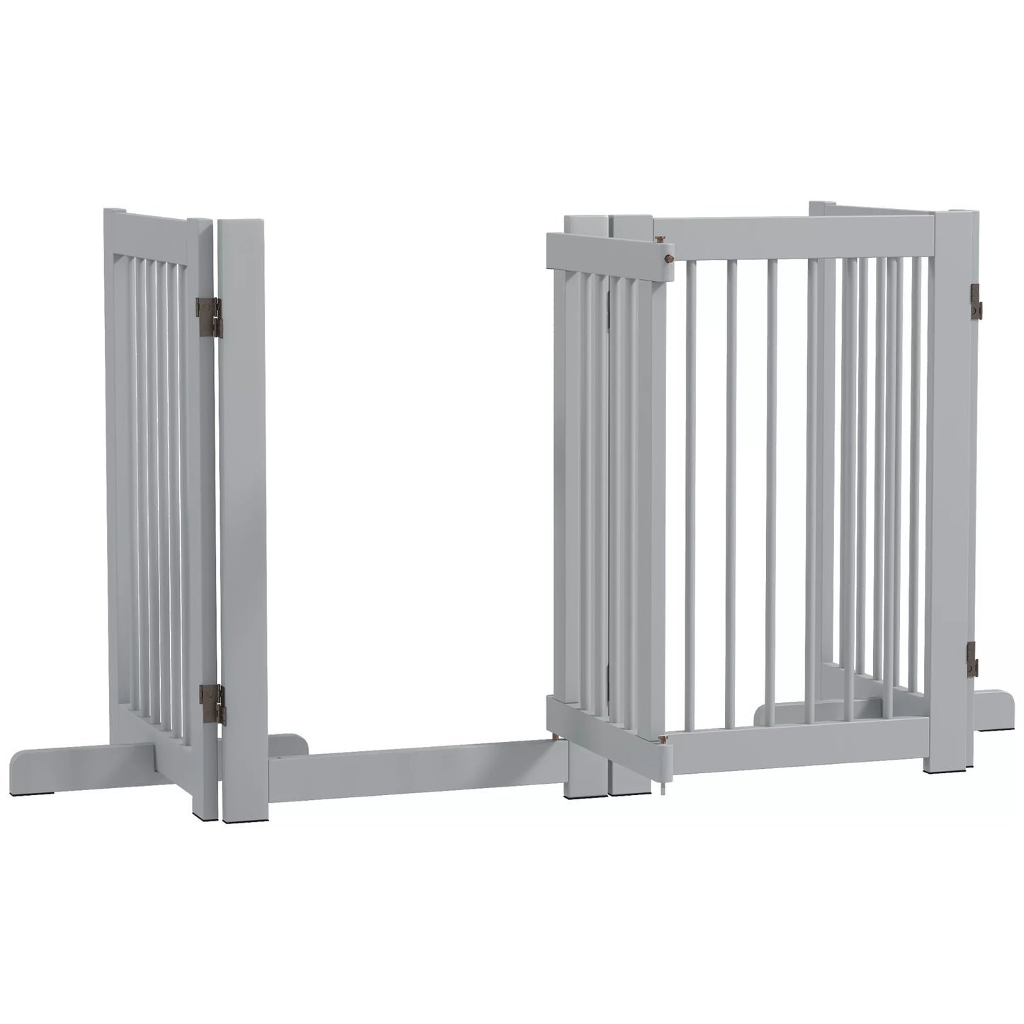 Freestanding dog fence, 4 panels, flexible, pine wood, 204L x 36D x 75H cm, light grey