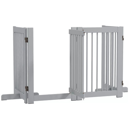Freestanding dog fence, 4 panels, flexible, pine wood, 204L x 36D x 75H cm, light grey