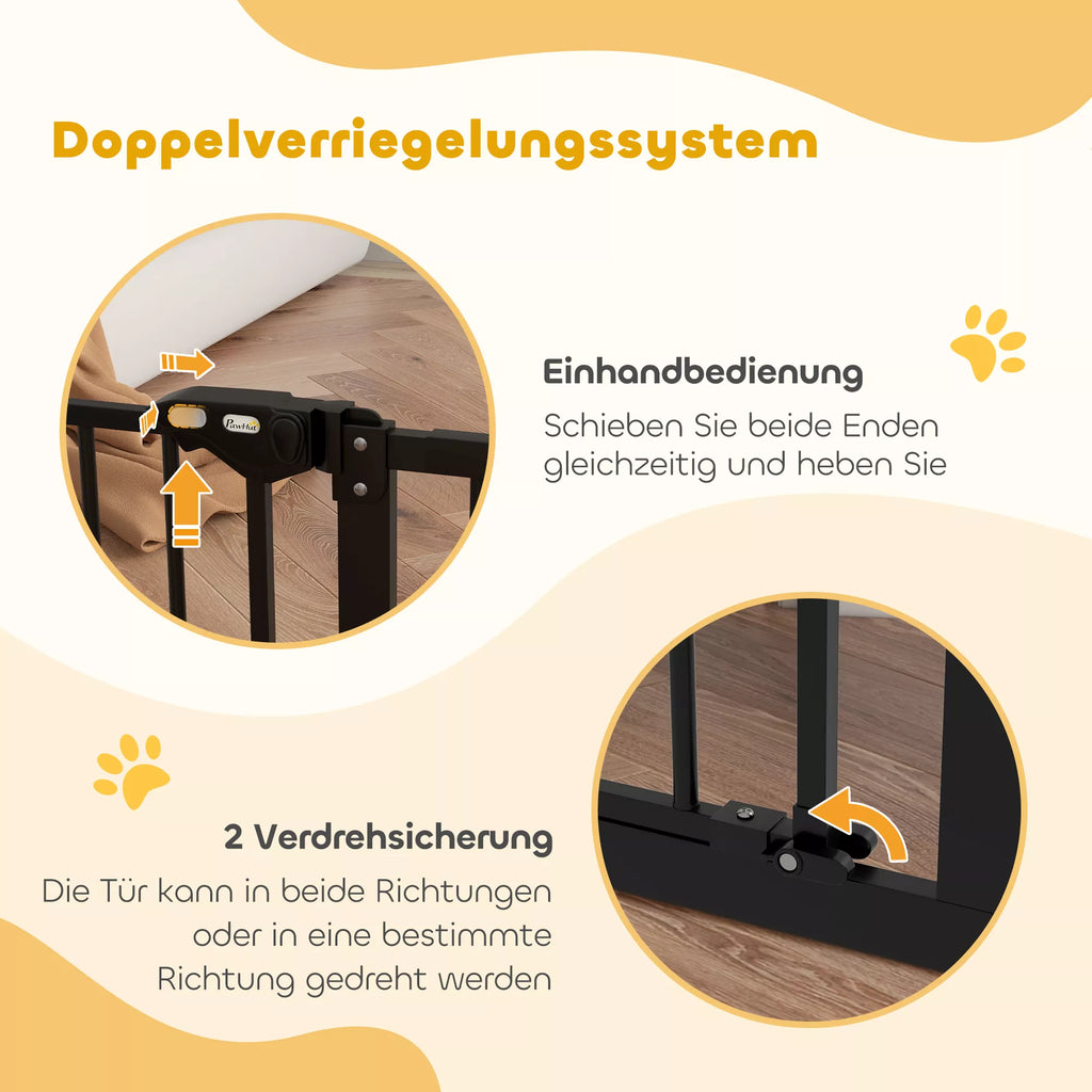 Durų apsauginė grotelė Laiptų apsauginė grotelė su 17,5/20,3/30,5 cm prailginimu Durų grotelė be gręžimo su automatiniu uždarymu, skirta 74–147,5 cm pločio durims, abiejose pusėse pasukama, metalinė, juoda