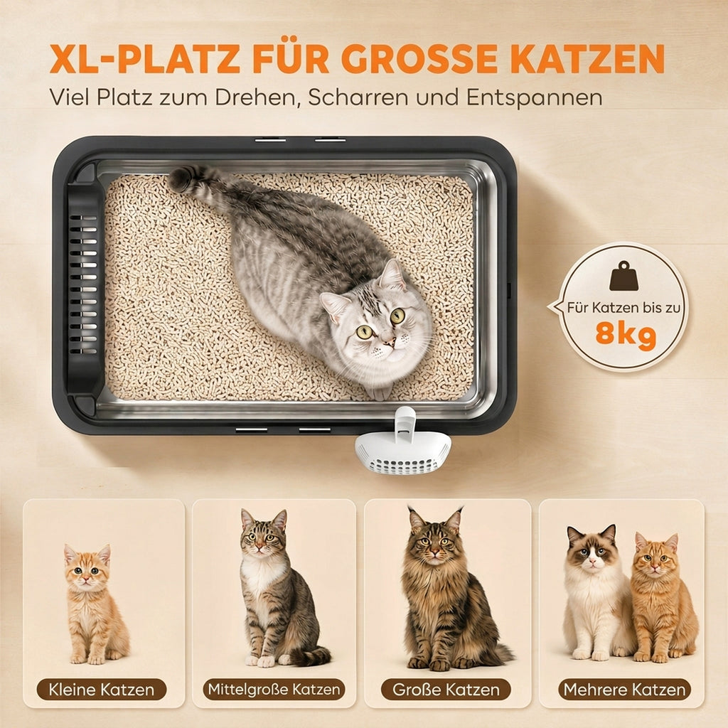 Kačių tualetai XL iš nerūdijančio plieno, 2 vnt., pusiau uždari, su semtuvėliais, iki 8 kg, 60x40x30 cm, juodi