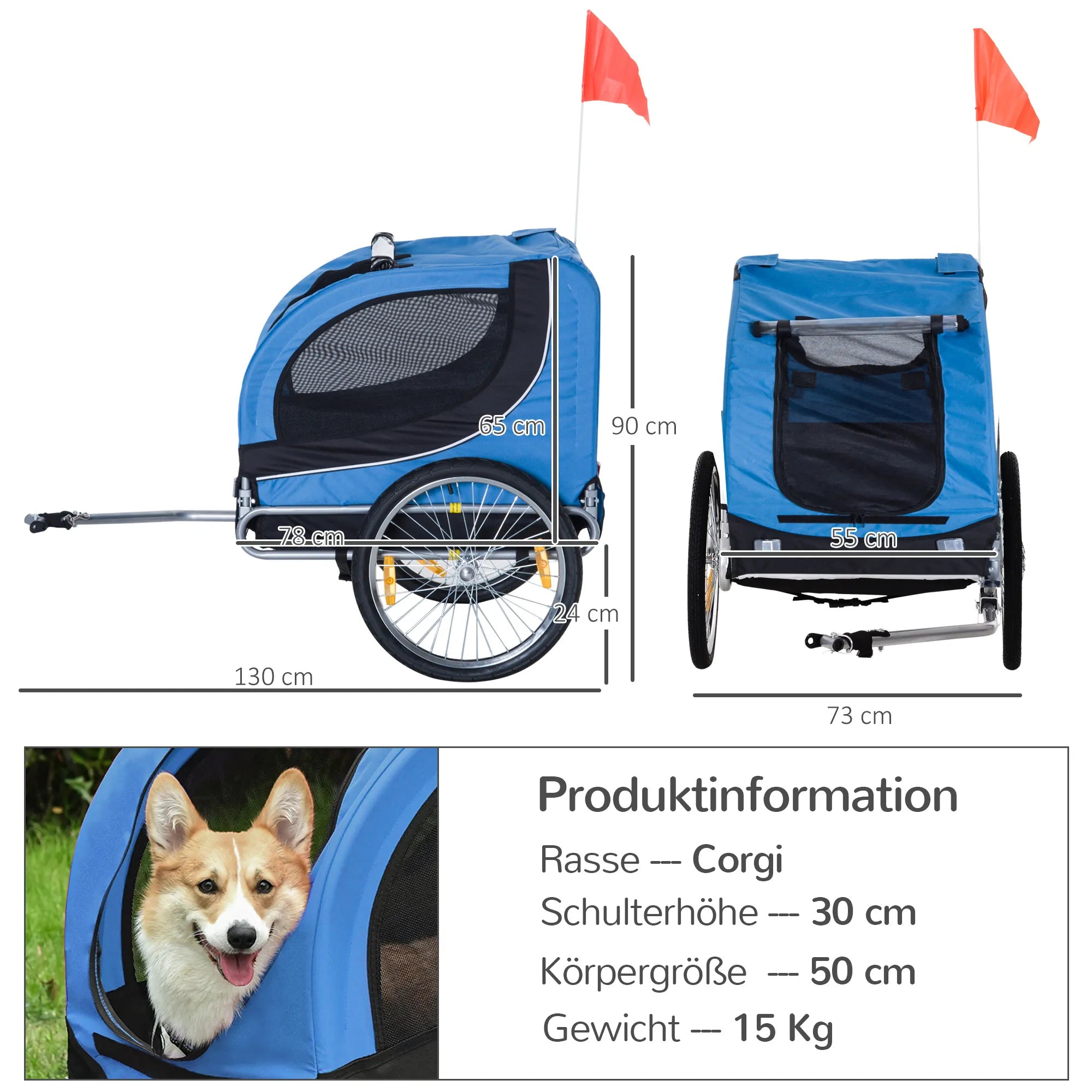 Dviračių priekaba iki 20kg, universali jungtis, saugos diržas, atšvaitas, plienas, mėlyna+juoda