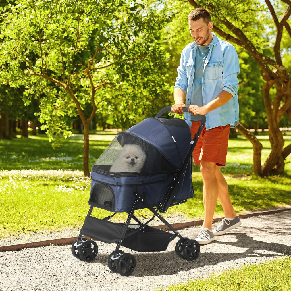 Suņu ratiņi līdz 10 kg, saliekami, ar regulējamu jumtiņu, nodalījumu apakšā, 2 bremzēm, drošības pavadu, zili