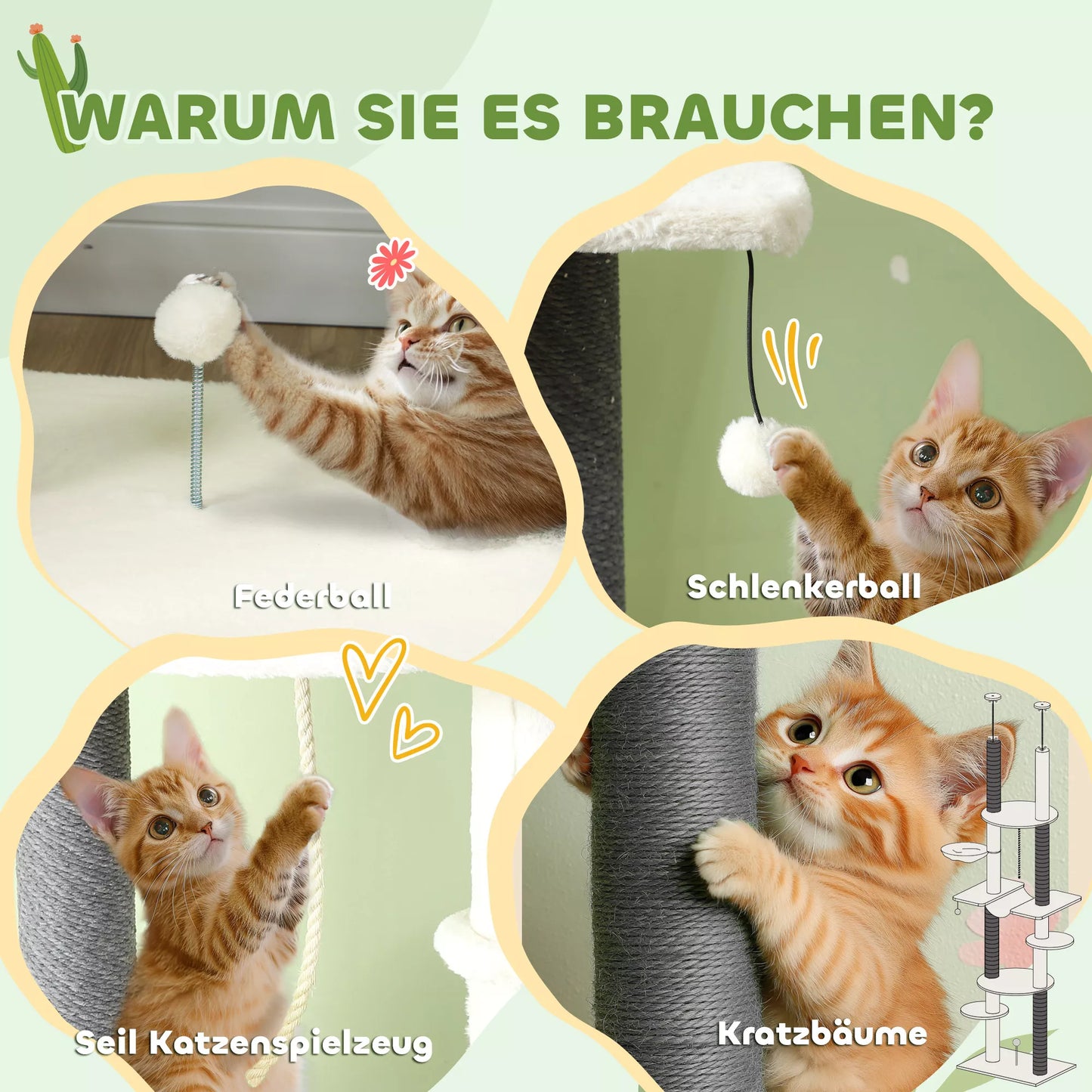 PawHut Kačių draskyklė, lubinė, reguliuojama 225-255 cm, su platformomis ir hamakais, apsauga nuo apvirtimo, balta