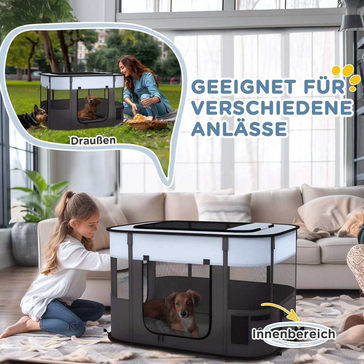 PawHut žaidimų aptvaras naminiams gyvūnėliams, sulankstomas, su laikymo krepšiu, šuniukams ir kačiukams, viduje ir lauke, pilkos spalvos