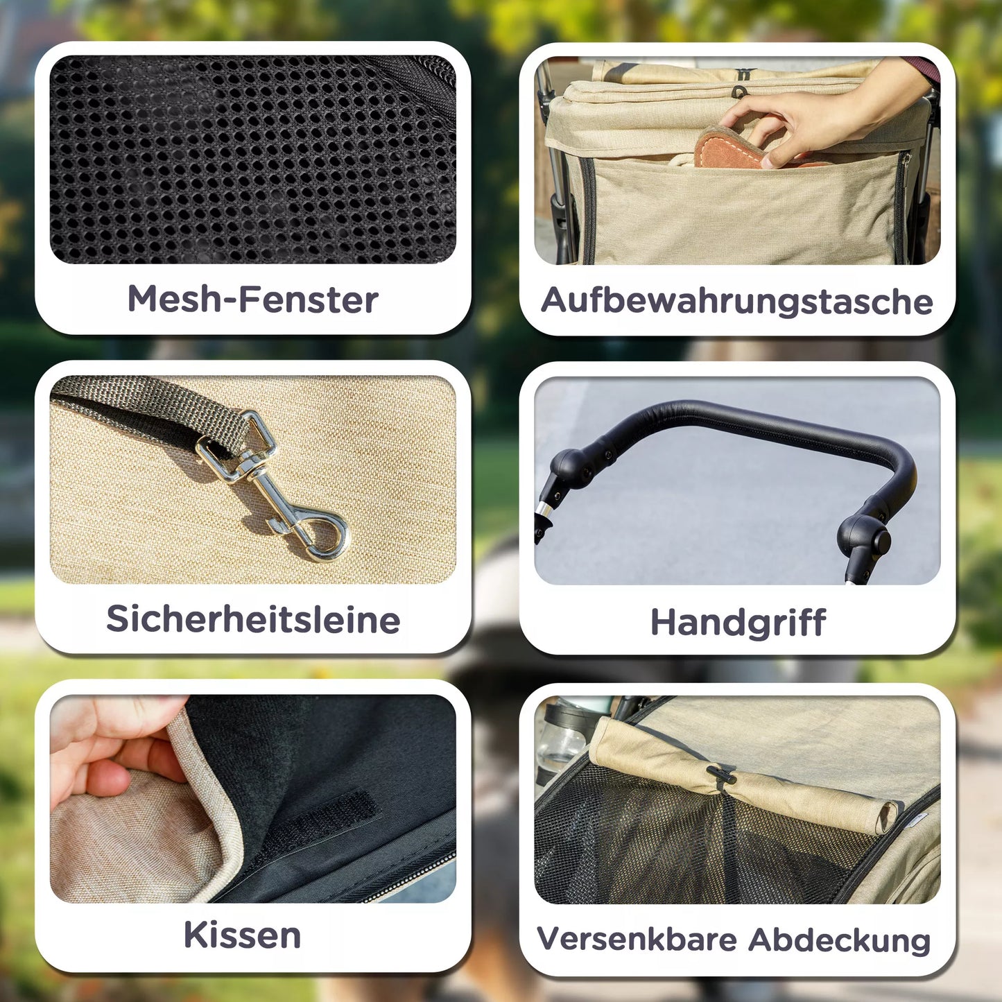 Suņu ratiņi, viegli un salokāmi transportēšanas ratiņi maziem suņiem, mazgājams spilvens, sieta logs, haki krāsā