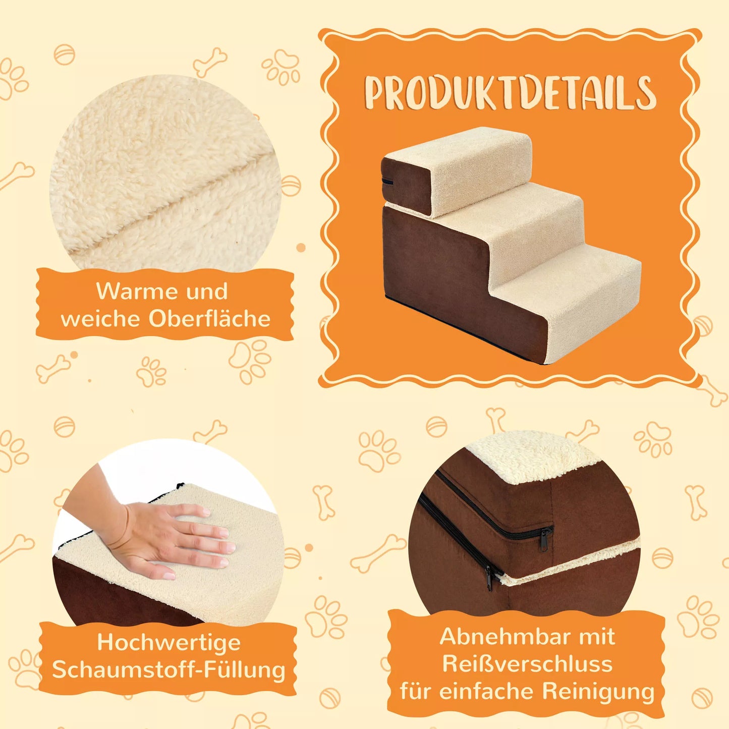 Kāpnes mājdzīvniekiem, 3 pakāpienu kāpnes suņiem un kaķiem, plīša, bēšas, 54 x 40 x 39 cm