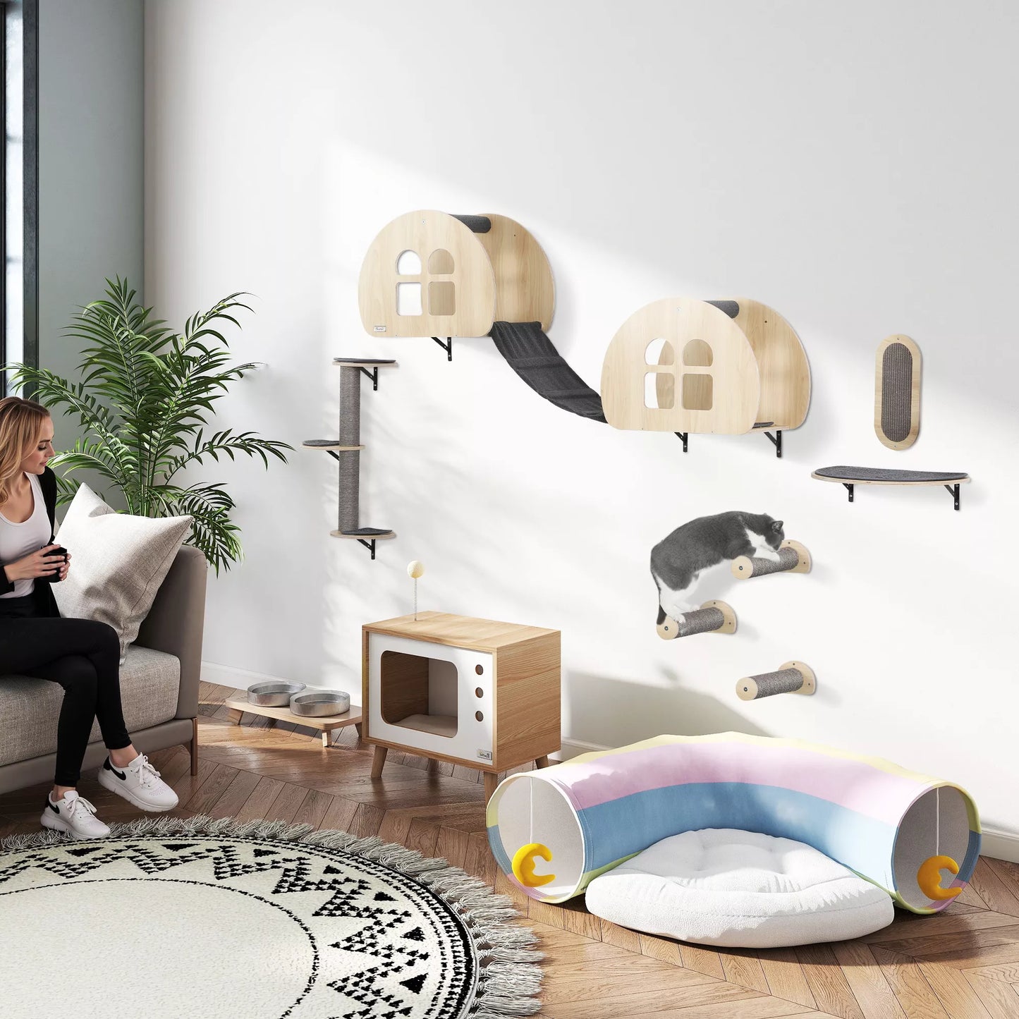 Kaķu kāpšanas siena, 7 daļu, kaķu kāpšanas sienas komplekts ar sizala stabu, kāpnēm, platformu, skrāpējamo stabu, pelēks