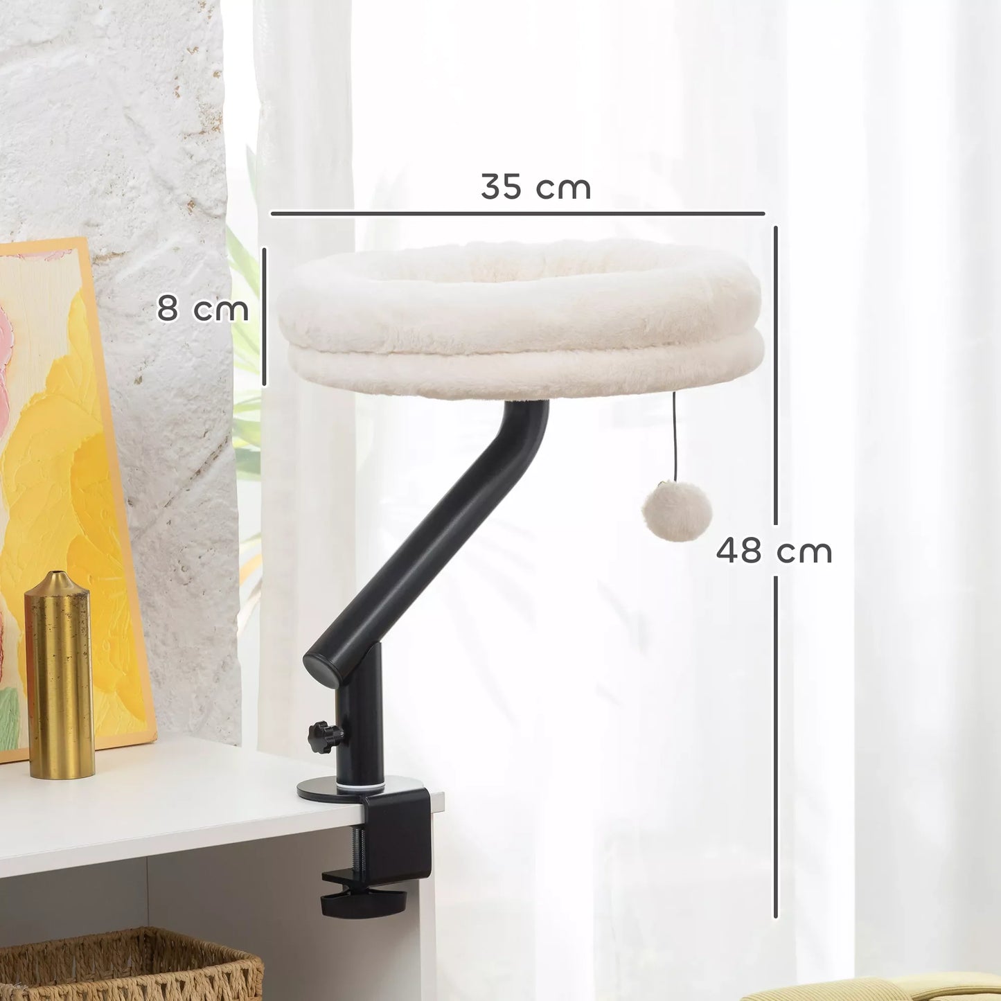 Katės lova prie rašomojo stalo, katės lova rašomajam stalui su 360° sukimusi, reguliuojamo aukščio, katės gultas su nuimamu, skalbiamu mašinoje guoliu, katėms iki 6 kg, namų biurui, kreminės baltos spalvos