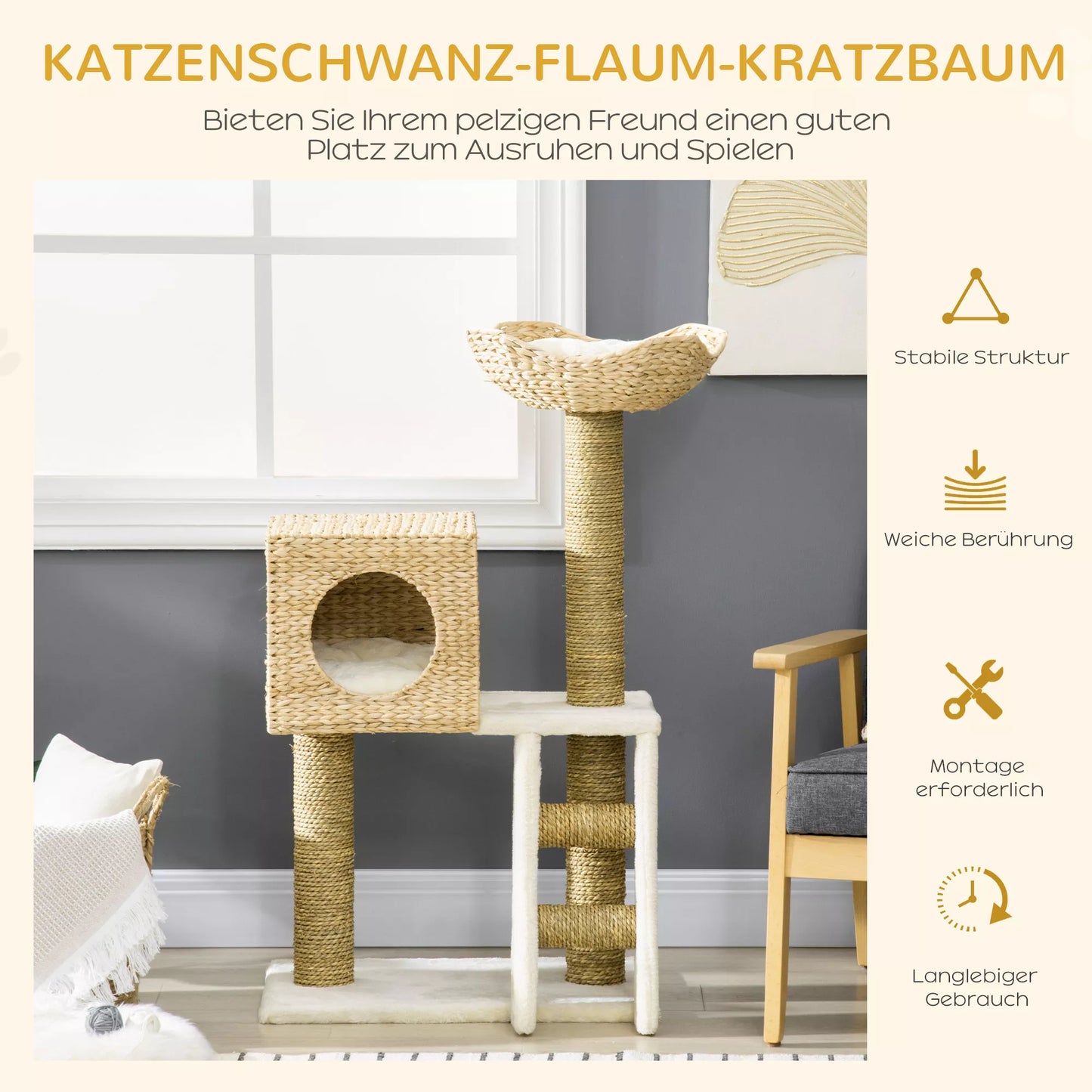 Cat scratching post with house, sisal scratching posts, washable cushions, 100.5 H x 57 W x 37 D cm, White/Natural
