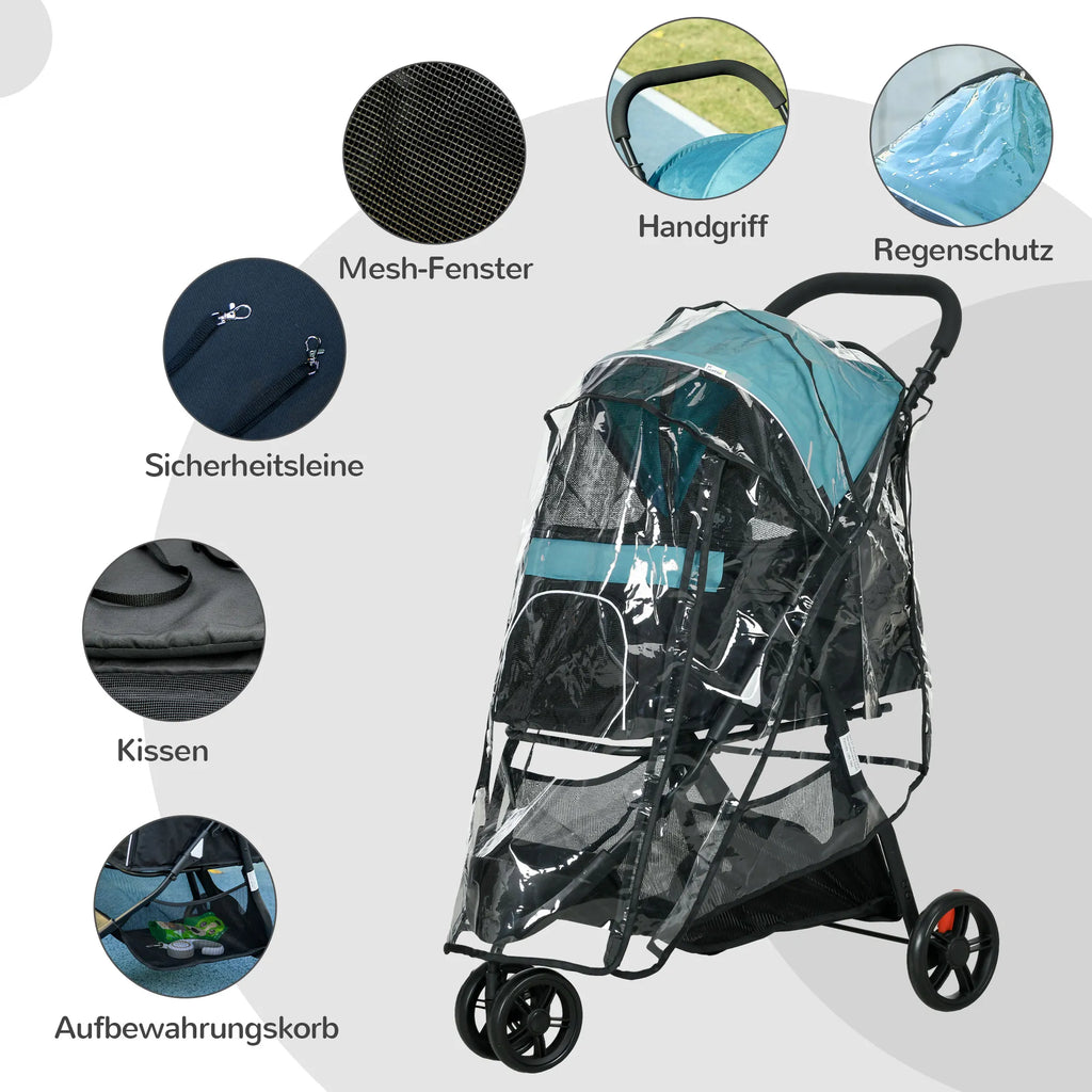 Bērnu ratiņi mājdzīvniekiem līdz 10 kg, saliekami, ar drošības jostu, rokturi, lietus pārsegu, uzglabāšanas somu. Zili + melni.