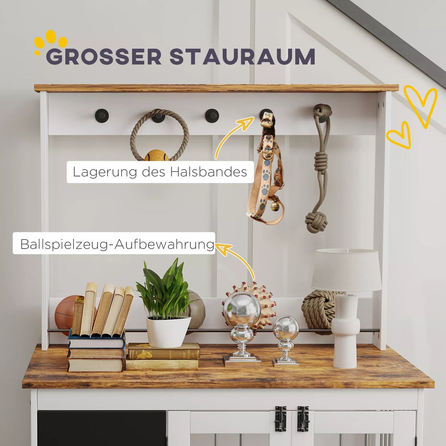 Suņu būris ar rotaļlietu glabāšanas plauktu, pavadas āķiem, rakstāmgaldu, dzēšgumiju, lieliem suņiem, balts