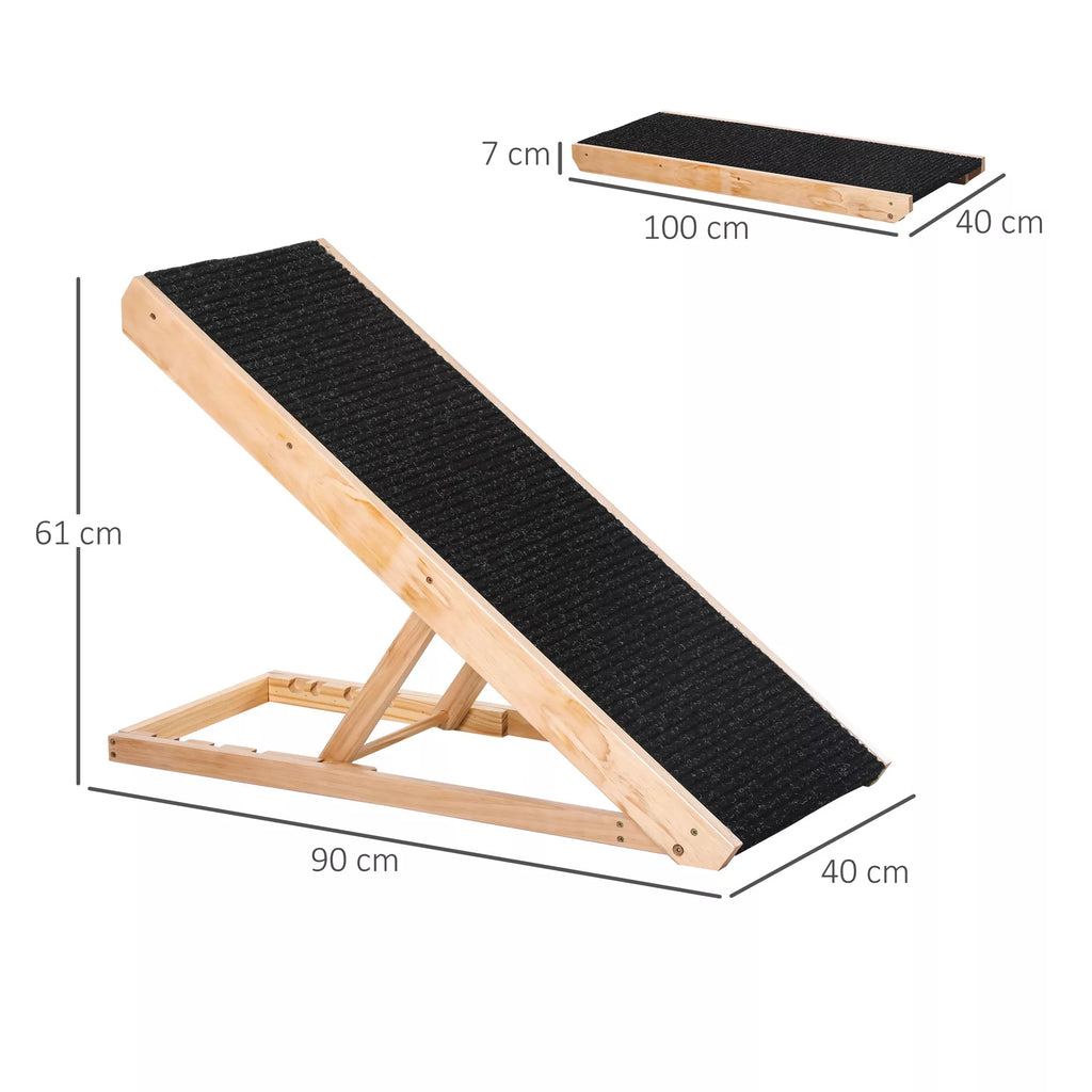 Regulējama suņu rampa ar neslīdošu paklājiņu lieliem suņiem. Materiāls: priedes koks, poliesters. Krāsa: melna + dabīgs koks. Izmēri: 90 cm garums x 40 cm platums x 61 cm augstums.
