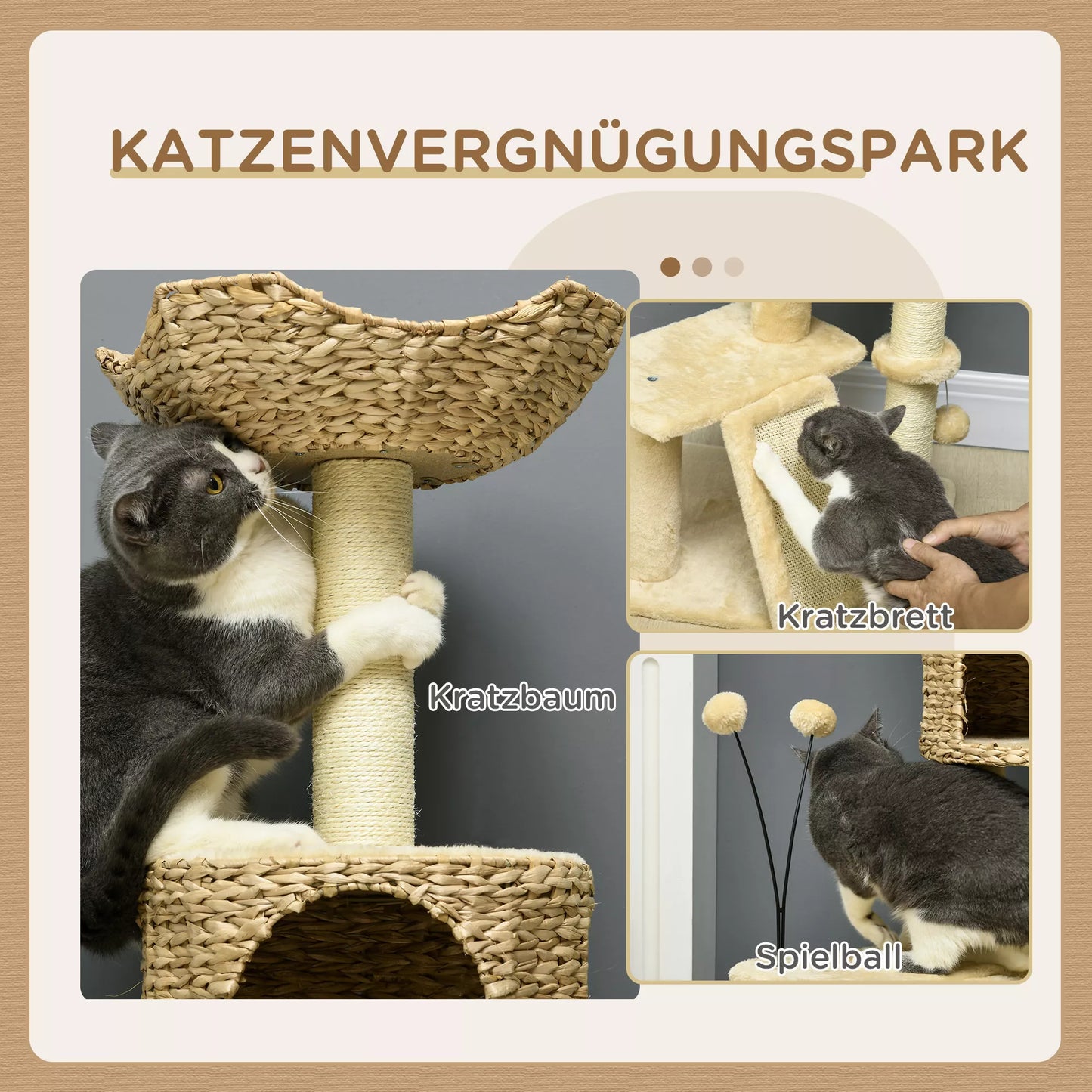 Cat scratching post with cat bed, resting platform, play ball, 45x40x116cm, brown/beige