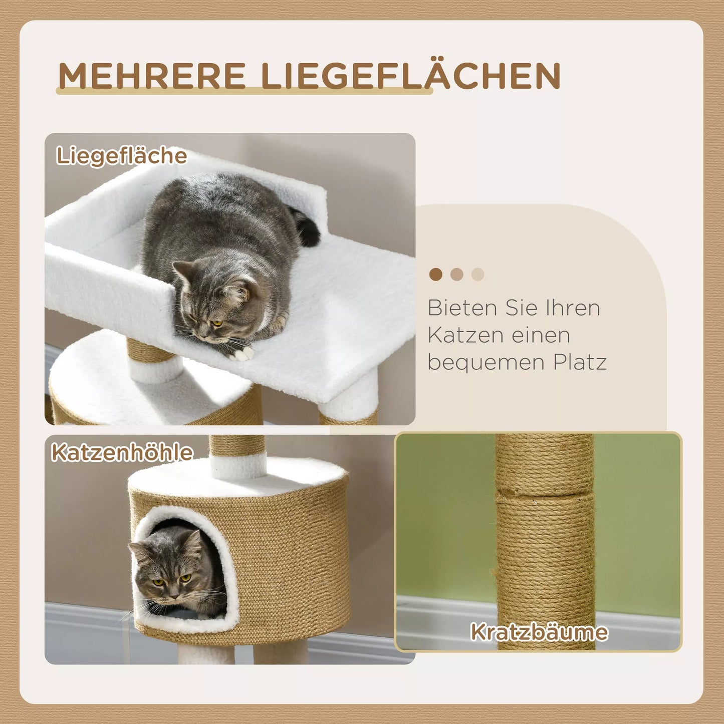 Kaķu skrāpēšanas stabs, 1 kaķu gulta, 1 guļamvirsma, 70 cm x 49 cm x 79 cm, dabīgs + balts