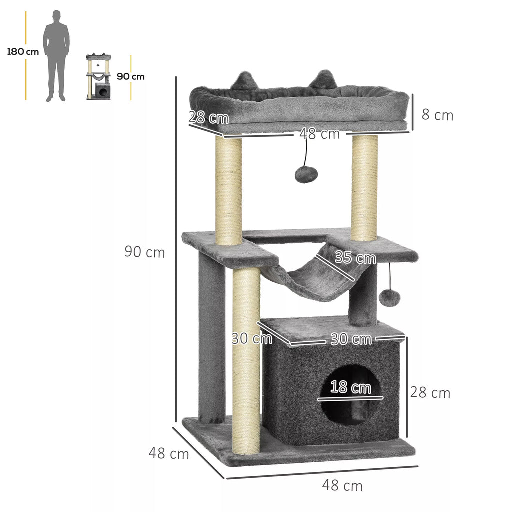 Kačių medis 90 cm, su hamaku, žaidimų medis, kačių guolis, platformos, laipiojimo medis, katės draskyklė, aktyvumo draskyklė, pliušas, sizalis, pilkos spalvos