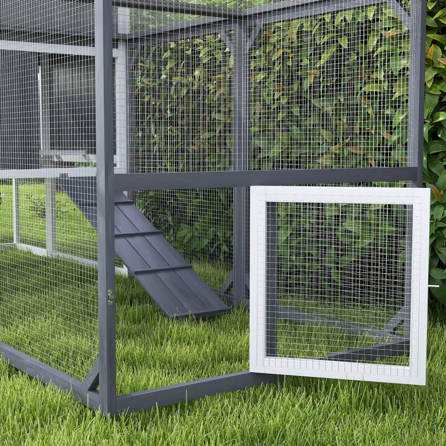 PawHut Vištidė su voljeru 3-4 vištoms, 3 dalių perėklų dėžė, 1,9 m² plotas, eglės mediena, pilka