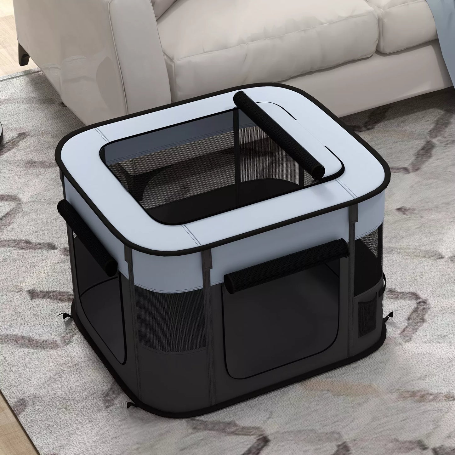 Sulankstomas žaidimų aptvaras naminiams gyvūnams su laikymo krepšiu, skirtas šuniukams ir kačiukams, naudoti lauke ir viduje, pilkos spalvos