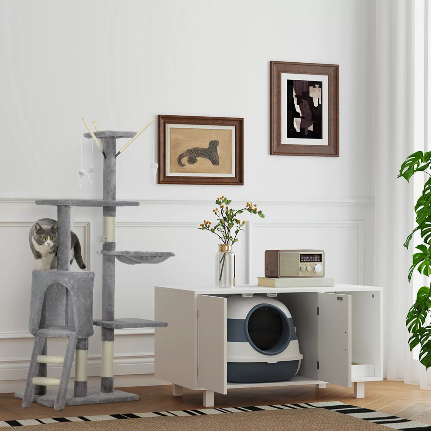 Kaķu tualete ar kaķu kaķu liekšķeri, ieeja ar apakšējo režģi, noņemams vāks, balta+pelēka, 52 x 41 x 38 cm