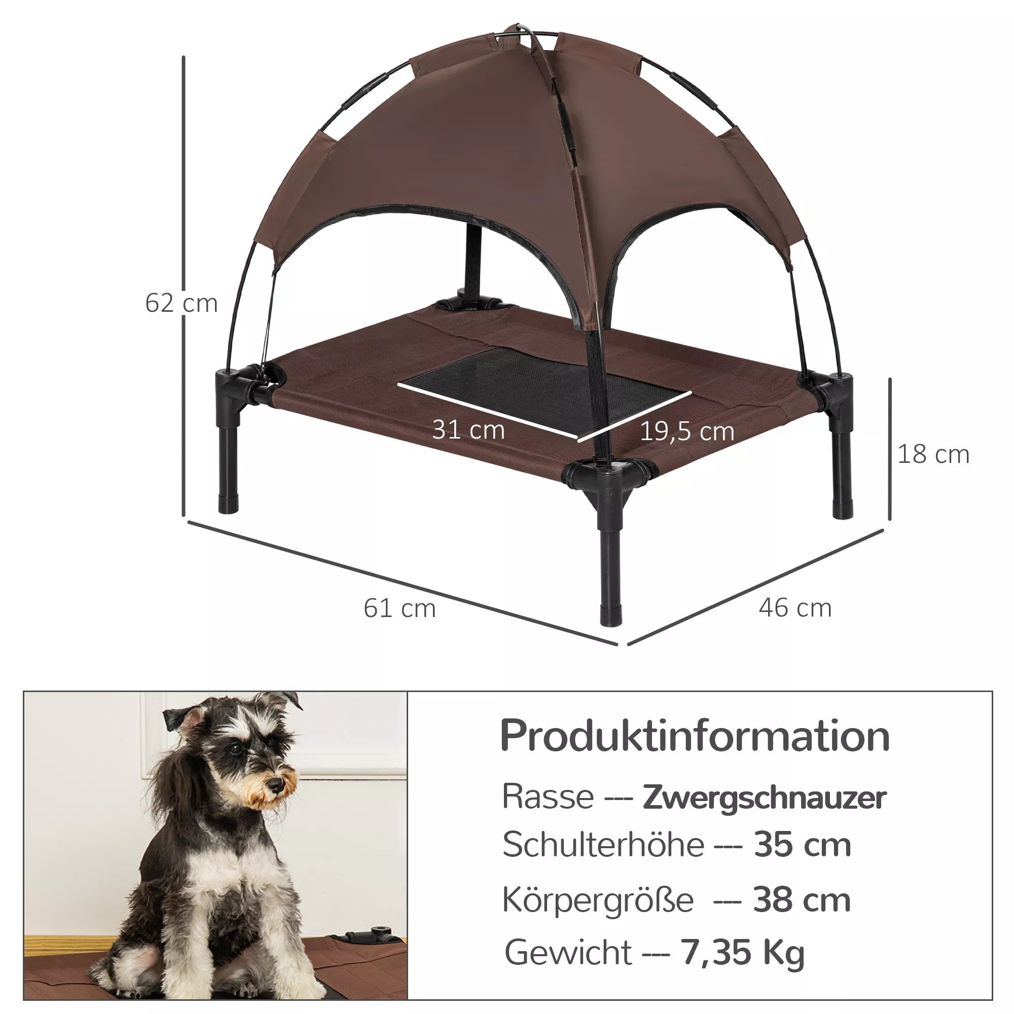 Salokāma mājdzīvnieku gulta ar nojumi, āra suņu gulta, sieta audums, brūna + melna