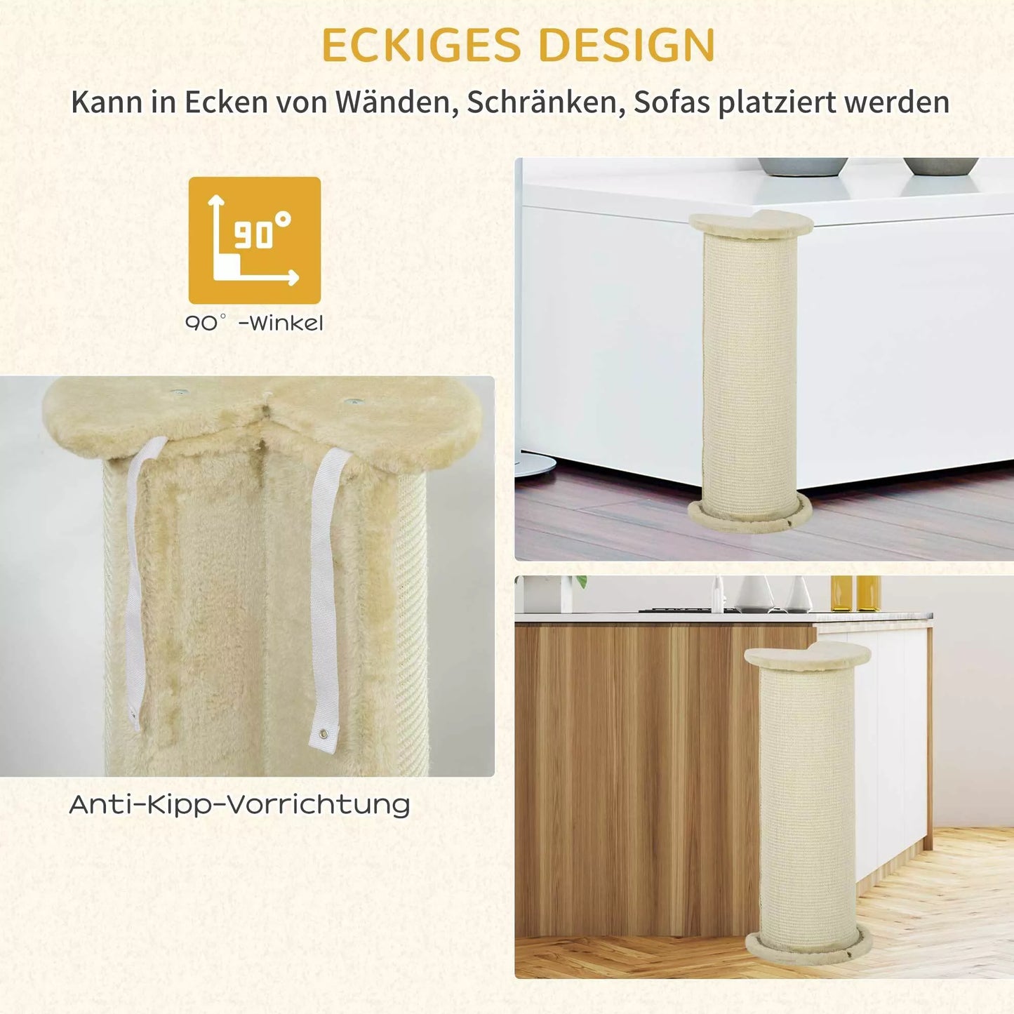 Katės draskyklė, kampinis dizainas, taupanti vietą, 35 cm x 35 cm x 85 cm, kreminė balta