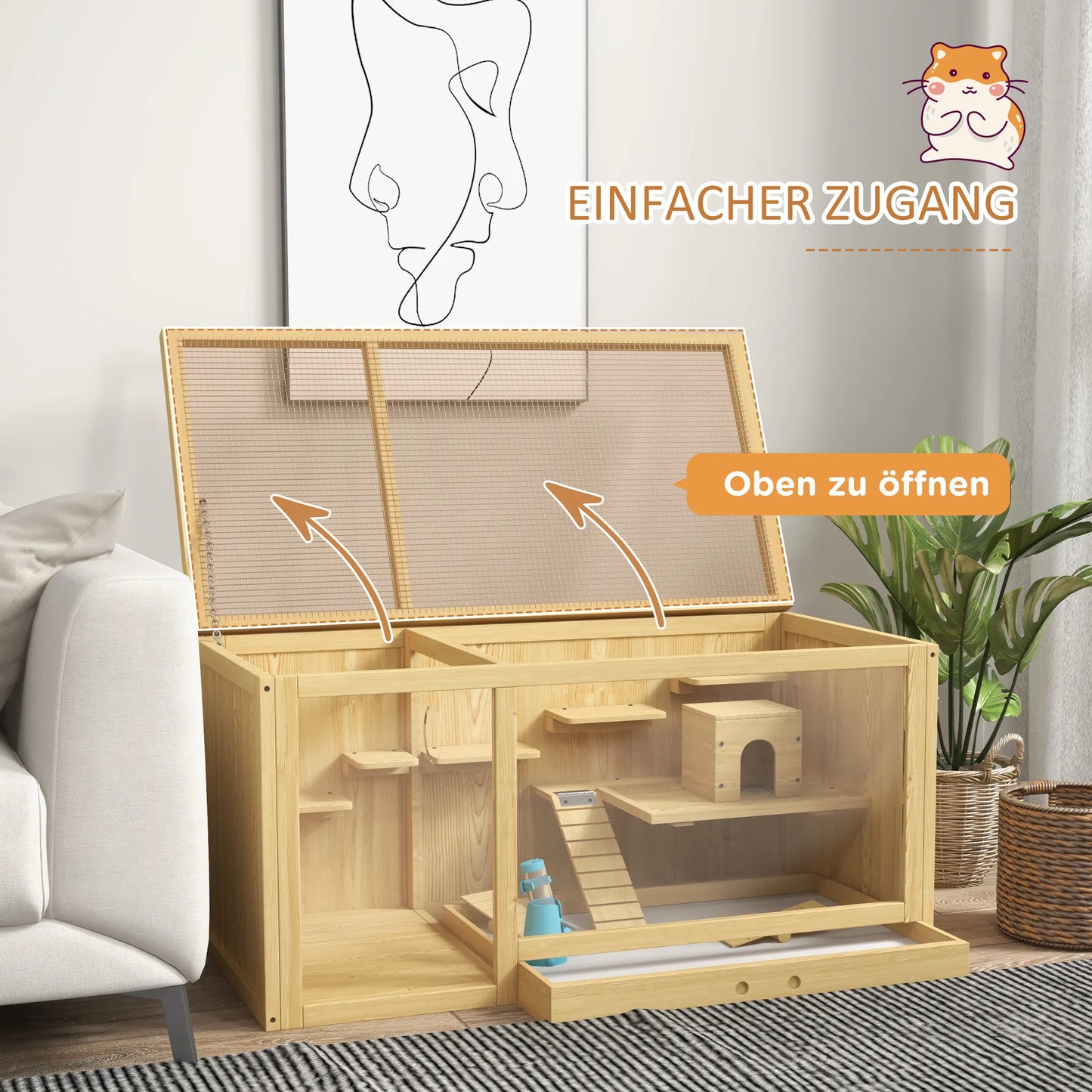 Narvas graužikams, eglės mediena, su priedais ir girdykla, 100 x 50 x 50 cm, natūralus