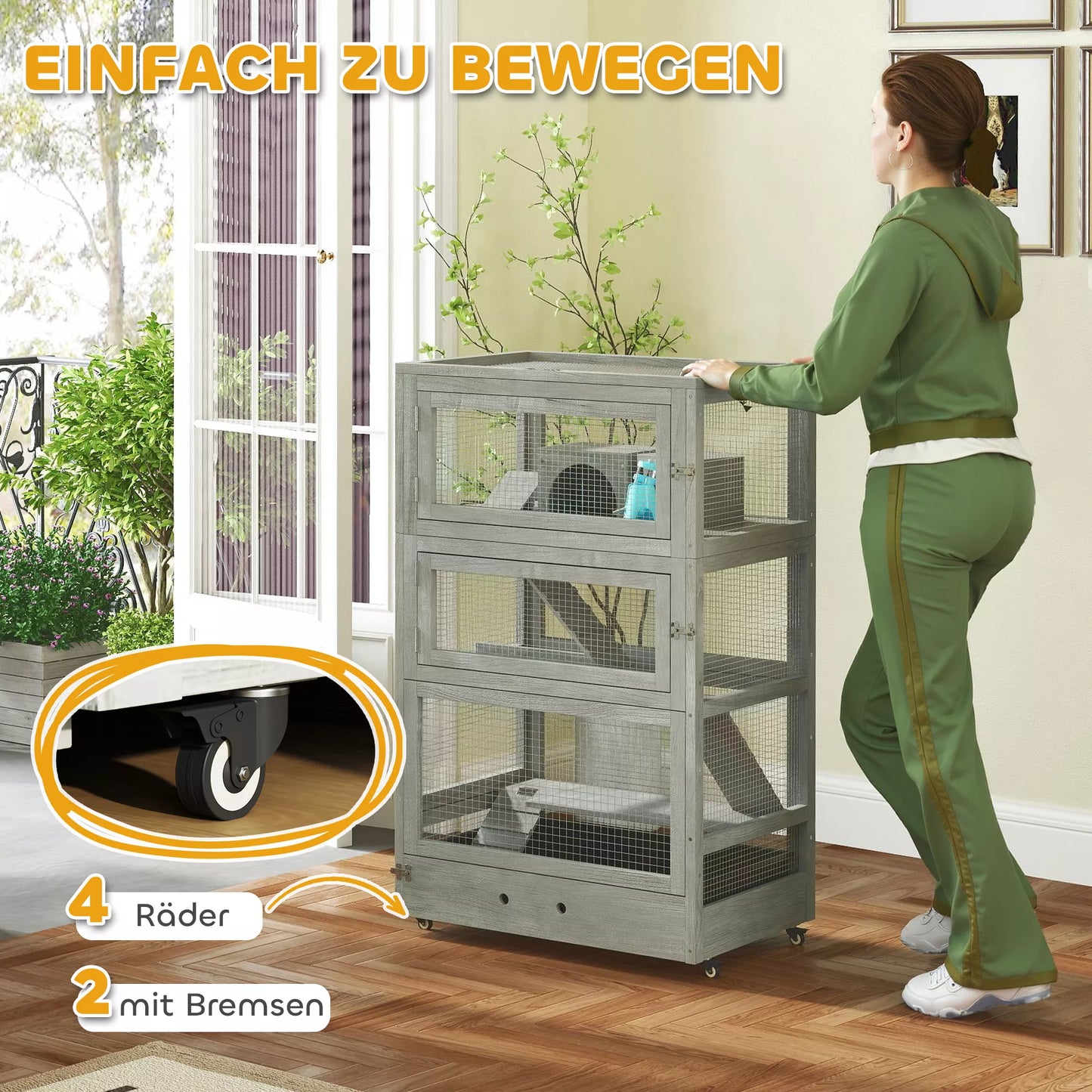 4 līmeņu koka kāmja būris ar mājiņām, šūpolēm, barības bļodām, rampām, riteņiem, 65 x 45 x 109 cm, pelēks