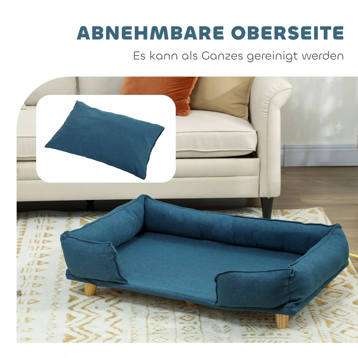 Šunų sofa, naminių gyvūnų sofa, naminių gyvūnų lova, nuimamas ir skalbiamas čiužinys, Natūralus+ Tamsiai mėlyna