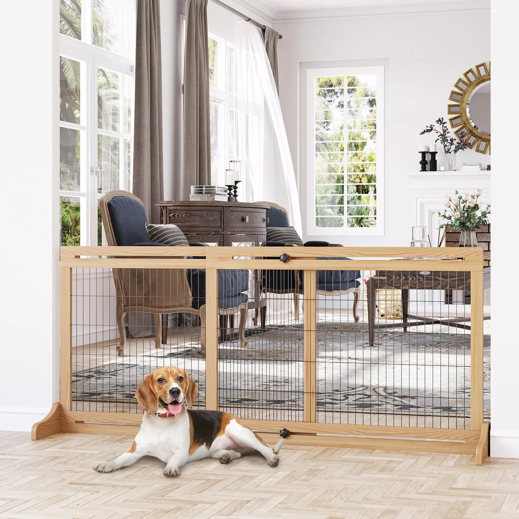 Šunų apsauginė grotelė, laiptų apsauginė grotelė, 180 cm aukščio, reguliuojamo aukščio, natūralios spalvos + juodos spalvos