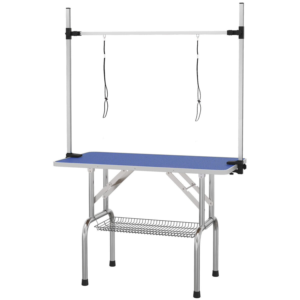 Kirpimo stalas šunims ir katėms 107x60 cm, sulankstomas, su laikikliu ir apatiniu krepšiu, iki 100 kg, mėlynas