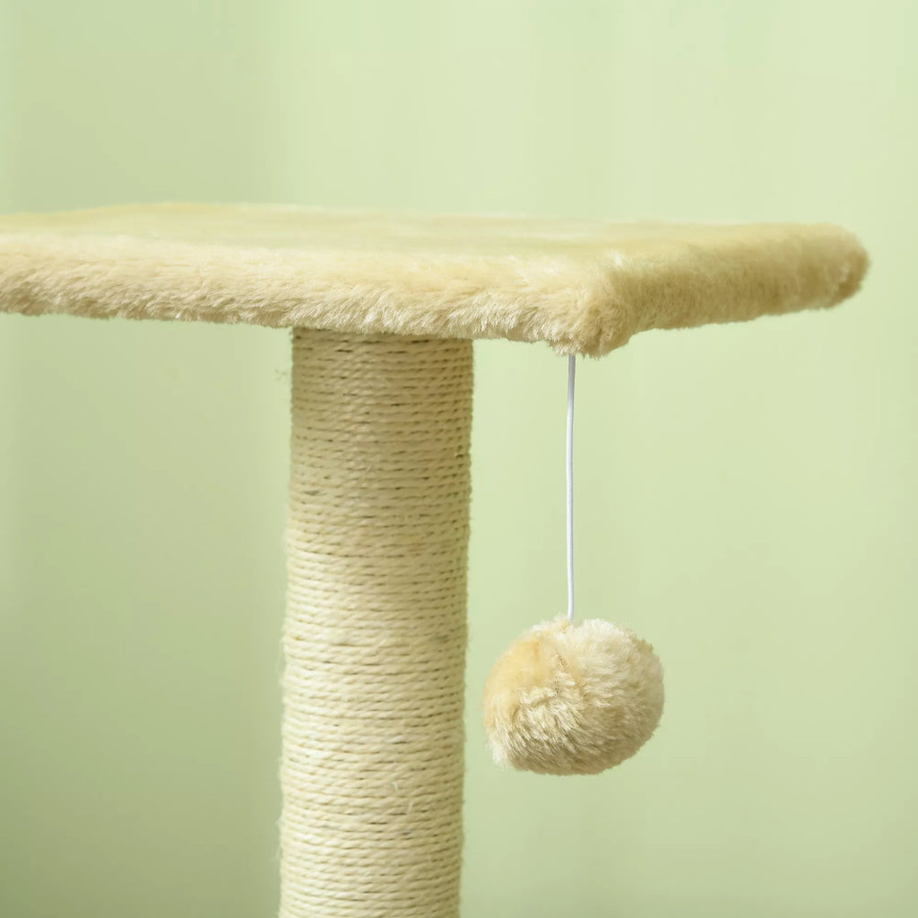 Kačių medis 72 cm, kačių bokštas su pliušiniais kamuoliukais, sizaliniais stulpeliais, platforma, draskykle, kreminės baltos spalvos