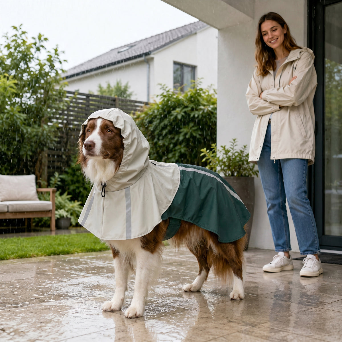 Lietpaltis šunims 15–20 kg, neperšlampamas, su gobtuvu, atšvaitais ir anga pavadėliui, žalias