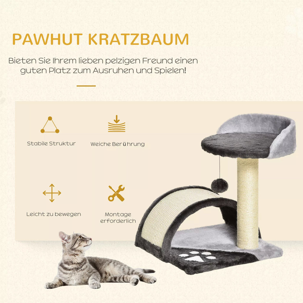 Kaķu tornis 46 cm Mazs kaķu tornis ar gultu, rotaļu bumbu, sizala virvi, paceltu platformu, kaķu skrāpējamo kasti, kāpšanas koku, kaķiem līdz 4 kg, tumši pelēks