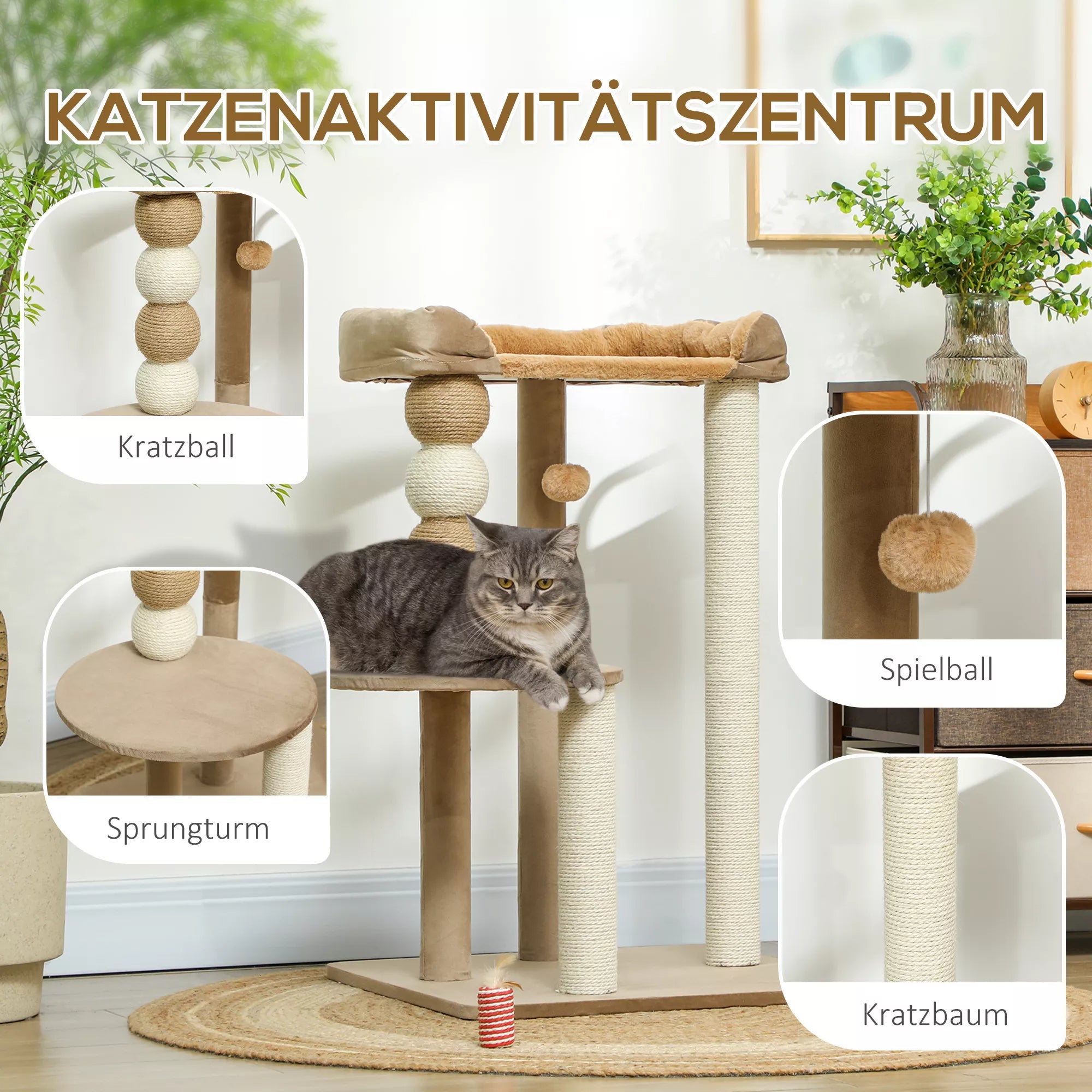 Kaķu skrāpējamais stabs ar 2 līmeņiem, rotaļu bumba, skrāpējamie stabi, skrāpējamās bumbiņas, līdz 7 kg, 56 x 54 x 86 cm, brūns