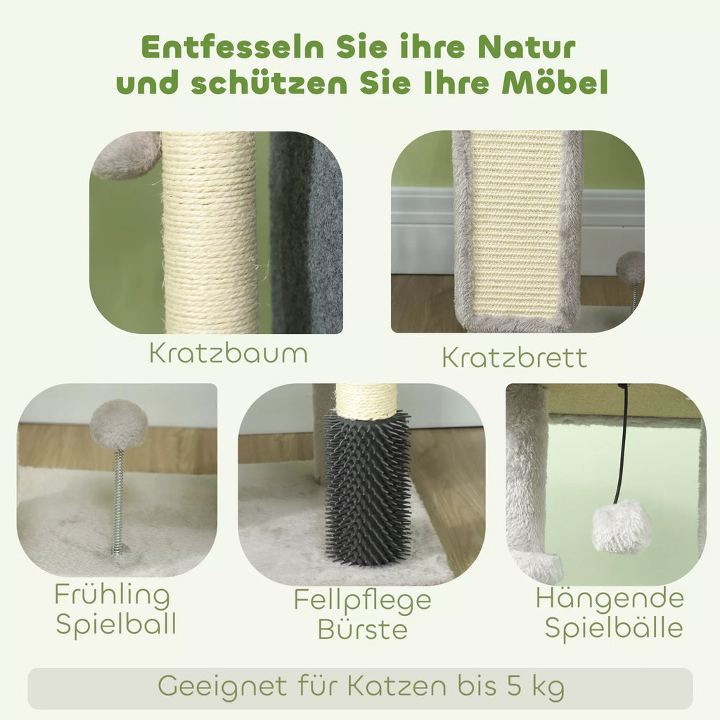 Kaķu skrāpis 104 cm ar mājiņu, guļvietu, sizala stabiem, skrāpēšanas dēlīti un plīša bumbiņām, kaķiem līdz 5 kg, gaiši pelēks