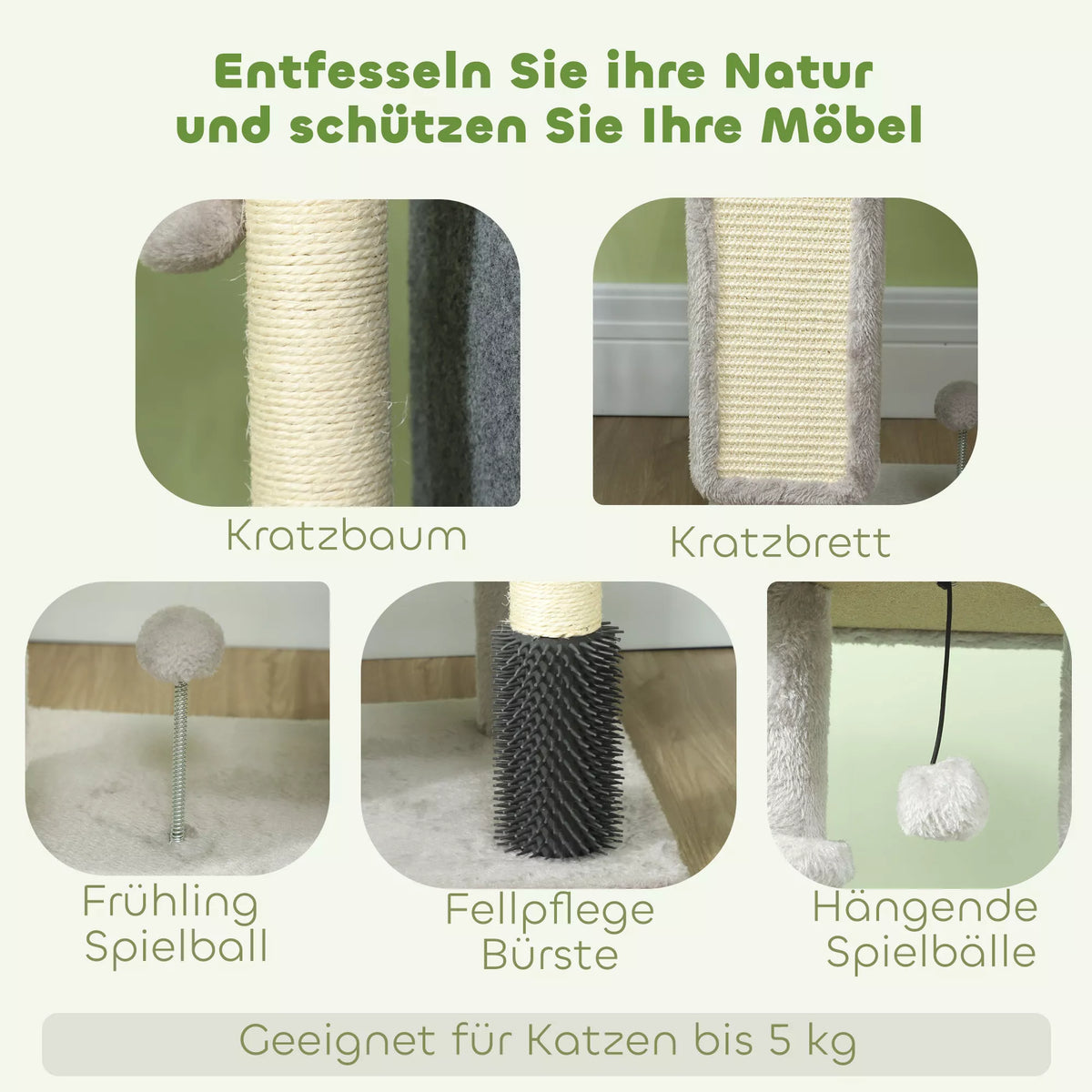 Kaķu skrāpis 104 cm ar mājiņu, guļvietu, sizala stabiem, skrāpēšanas dēlīti un plīša bumbiņām, kaķiem līdz 5 kg, gaiši pelēks