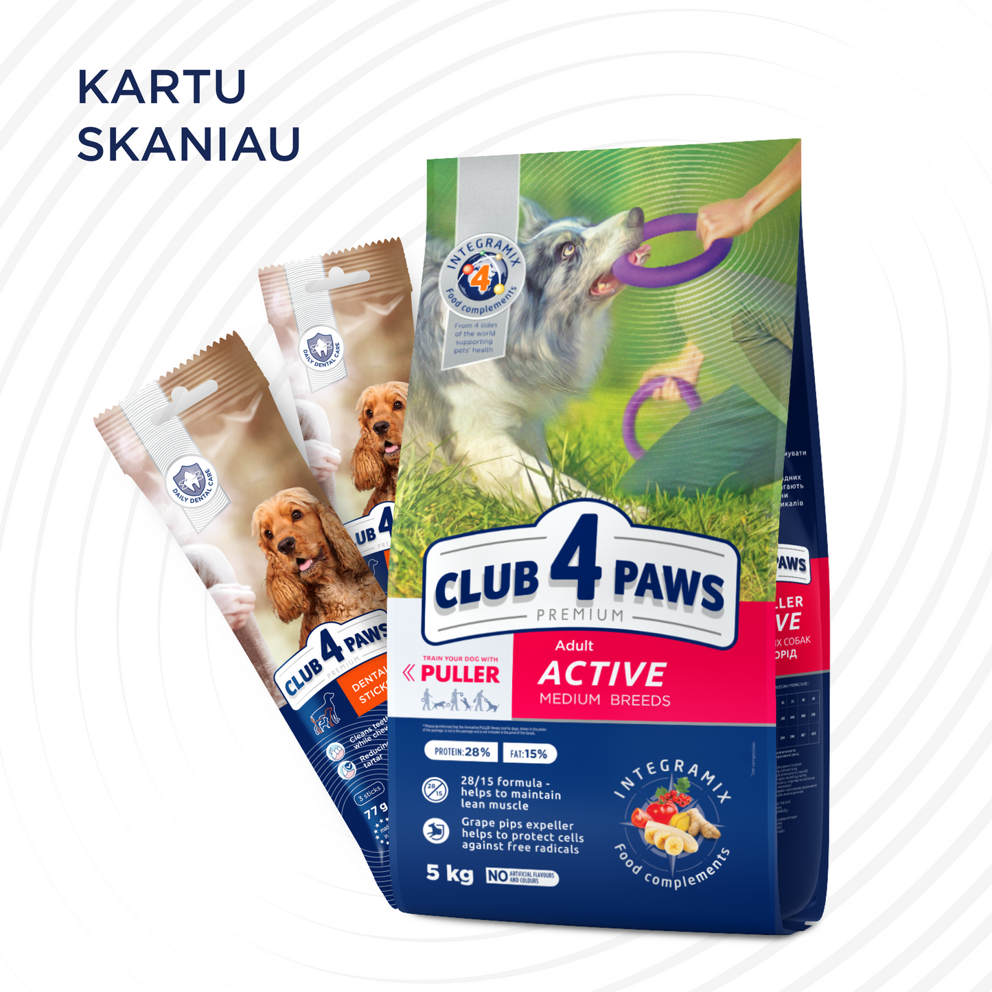 CLUB 4 PAWS PREMIUM „AKTYVAS“. VISAVERTIS PAŠARAS SUAUGUSIEMS AKTYVIEMS VIDUTINIŲ VEISLIŲ ŠUNIMS