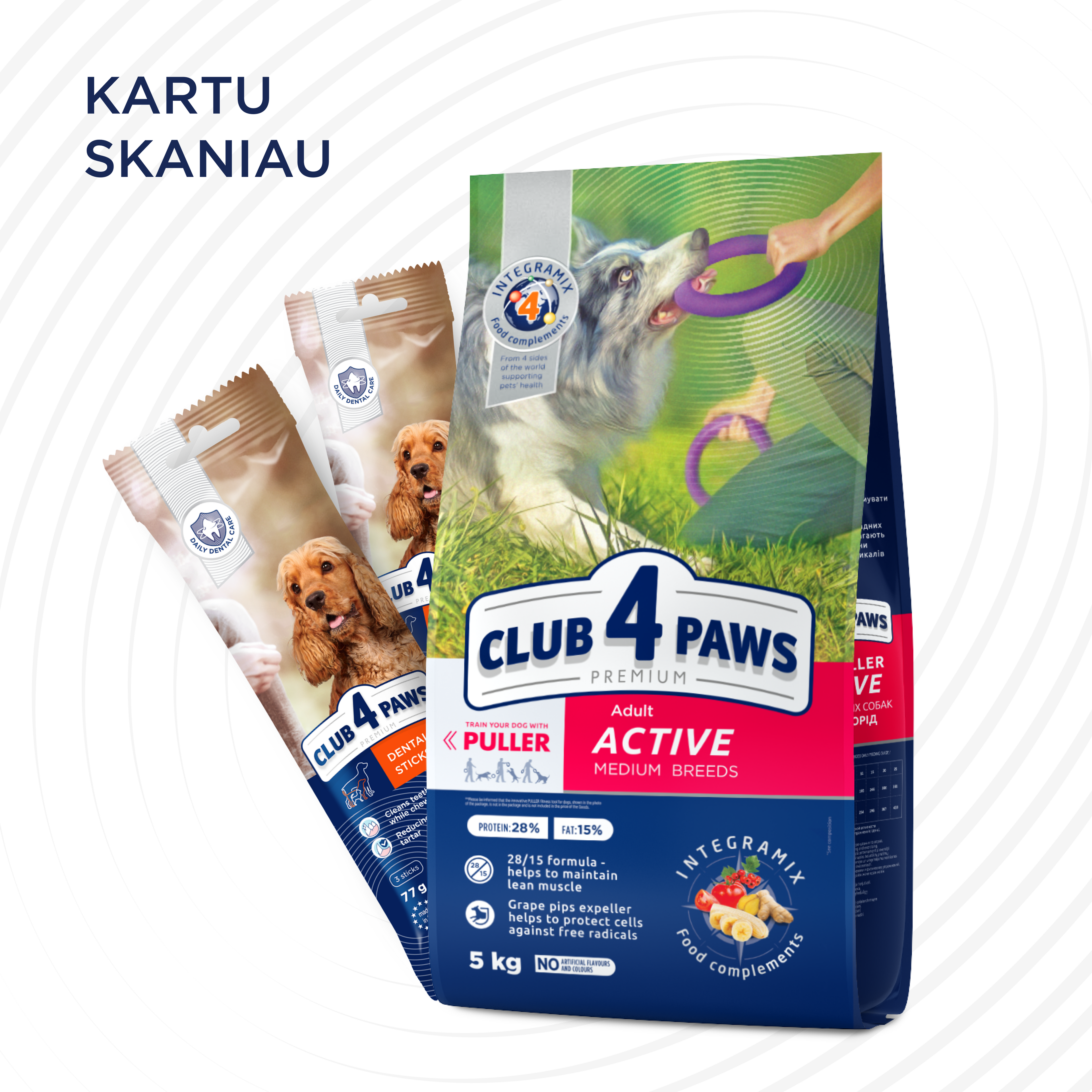 CLUB 4 PAWS Premium „aktyvas“. Visavertis pašaras suaugusiems aktyviems vidutinių veislių šunims