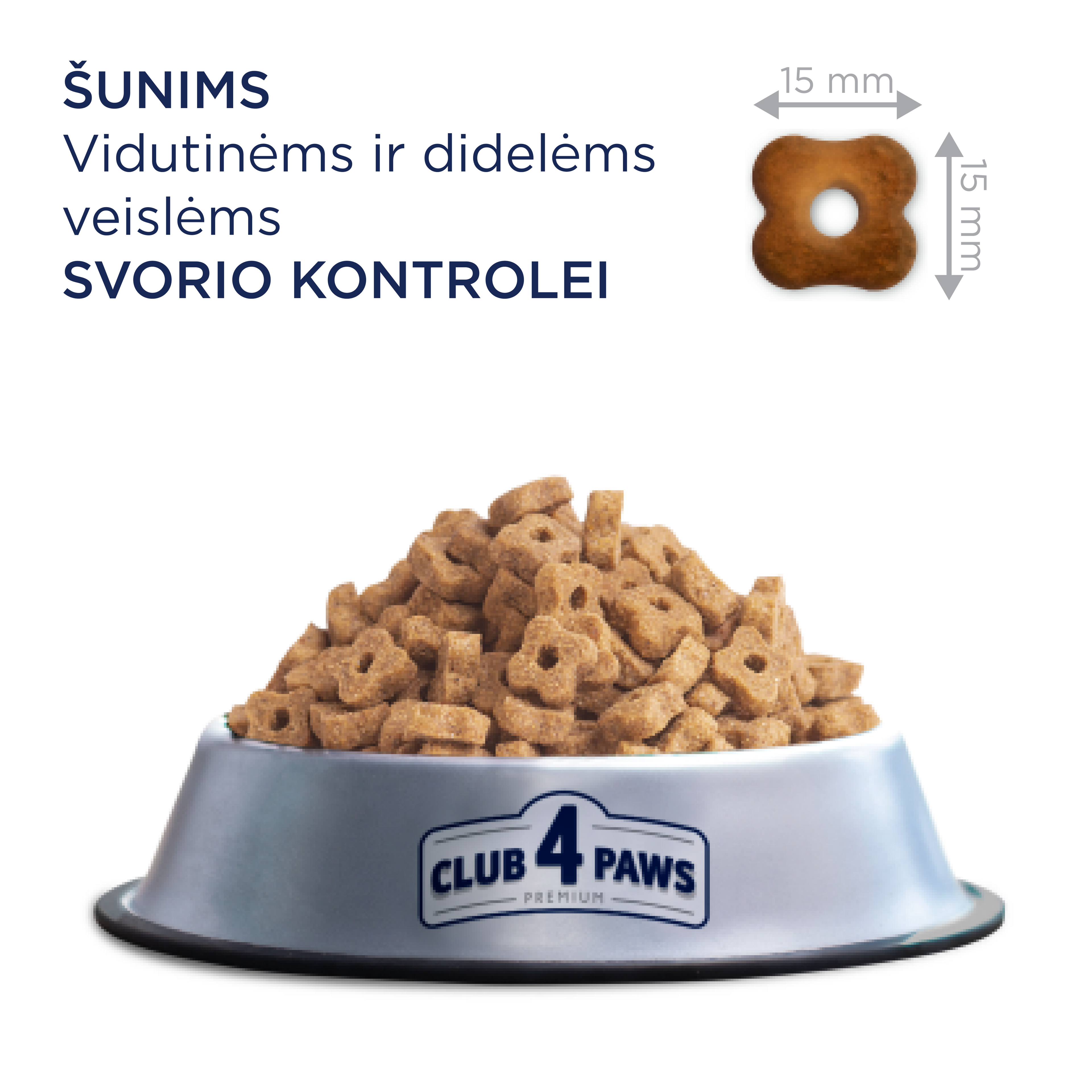 CLUB 4 PAWS Premium weight control. Pilnvērtīga sausā barība pieaugušiem vidēju un lielu šķirņu suņiem, sterilizētiem vai ar aptaukošanās risku. Ar augstu tītara gaļas saturu.