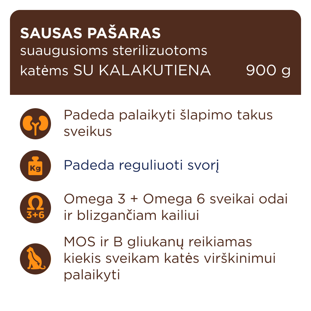 CLUB 4 PAWS Premium su kalakutiena. Visavertis sausas pašaras suaugusioms sterilizuotoms katėms