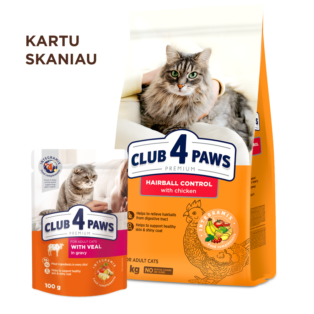 CLUB 4 PAWS Premium palengvinantis plaukų sąvėlų šalinimą. Visavertis pašaras suaugusioms katėms