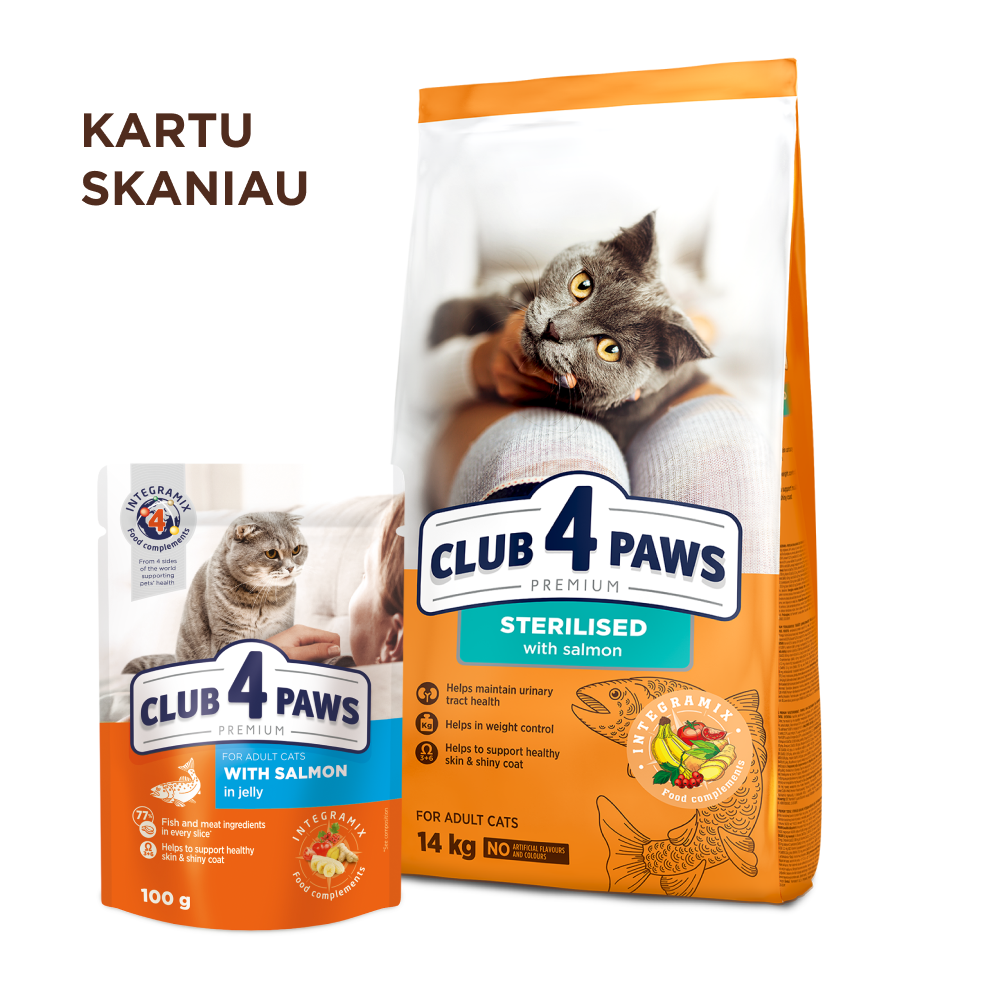 CLUB 4 PAWS PREMIUM AR LASI PILNVĒRTĪGA SAUSĀ BARĪBA PIEAUGUŠIEM STERILIZĒTIEM KAĶIEM