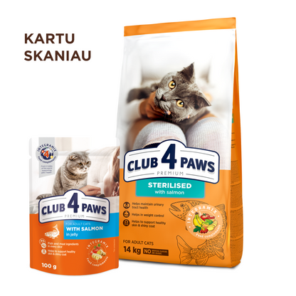 CLUB 4 PAWS PREMIUM AR LASI PILNVĒRTĪGA SAUSĀ BARĪBA PIEAUGUŠIEM STERILIZĒTIEM KAĶIEM