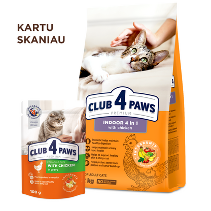 0000CLUB 4 PAWS PREMIUM AR VISTU KAĶIEM, KAS DZĪVO TELPĀS "4 VIENĀ". PILNVĒRTĪGA SAUSĀ BARĪBA PIEAUGUŠIEM KAĶIEM
