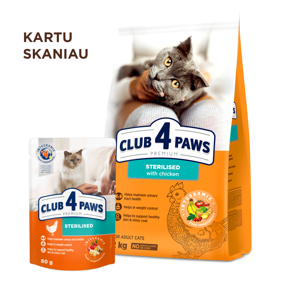 CLUB 4 PAWS PREMIUM AR VISTU PILNVĒRTĪGA BARĪBA PIEAUGUŠIEM STERILIZĒTIEM KAĶIEM
