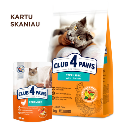 CLUB 4 PAWS PREMIUM AR VISTU PILNVĒRTĪGA BARĪBA PIEAUGUŠIEM STERILIZĒTIEM KAĶIEM